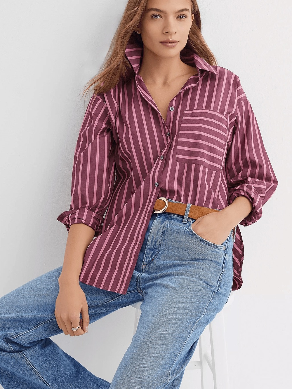 LOFT Purple and Pink Striped Button-Down Shirt